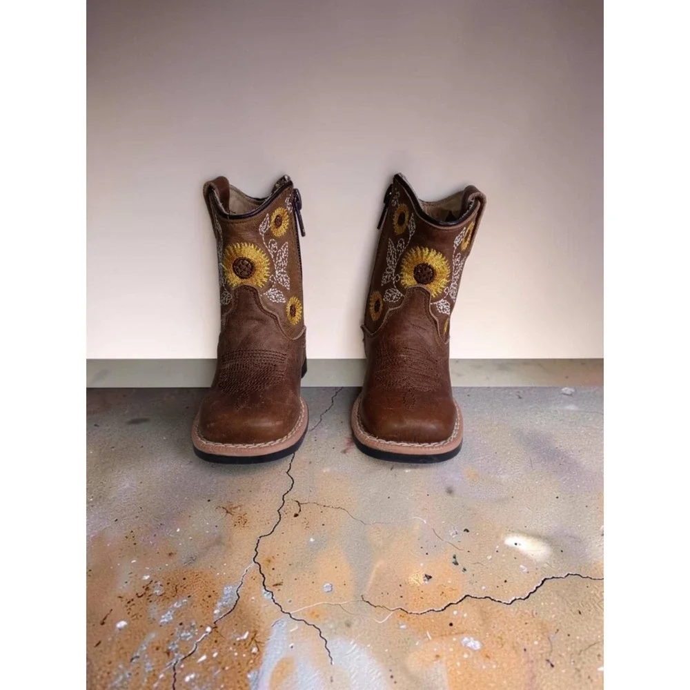 Kids Brown Sunflower Embroidered Western Cowboy Boots Square Toe Size 7 Toddler